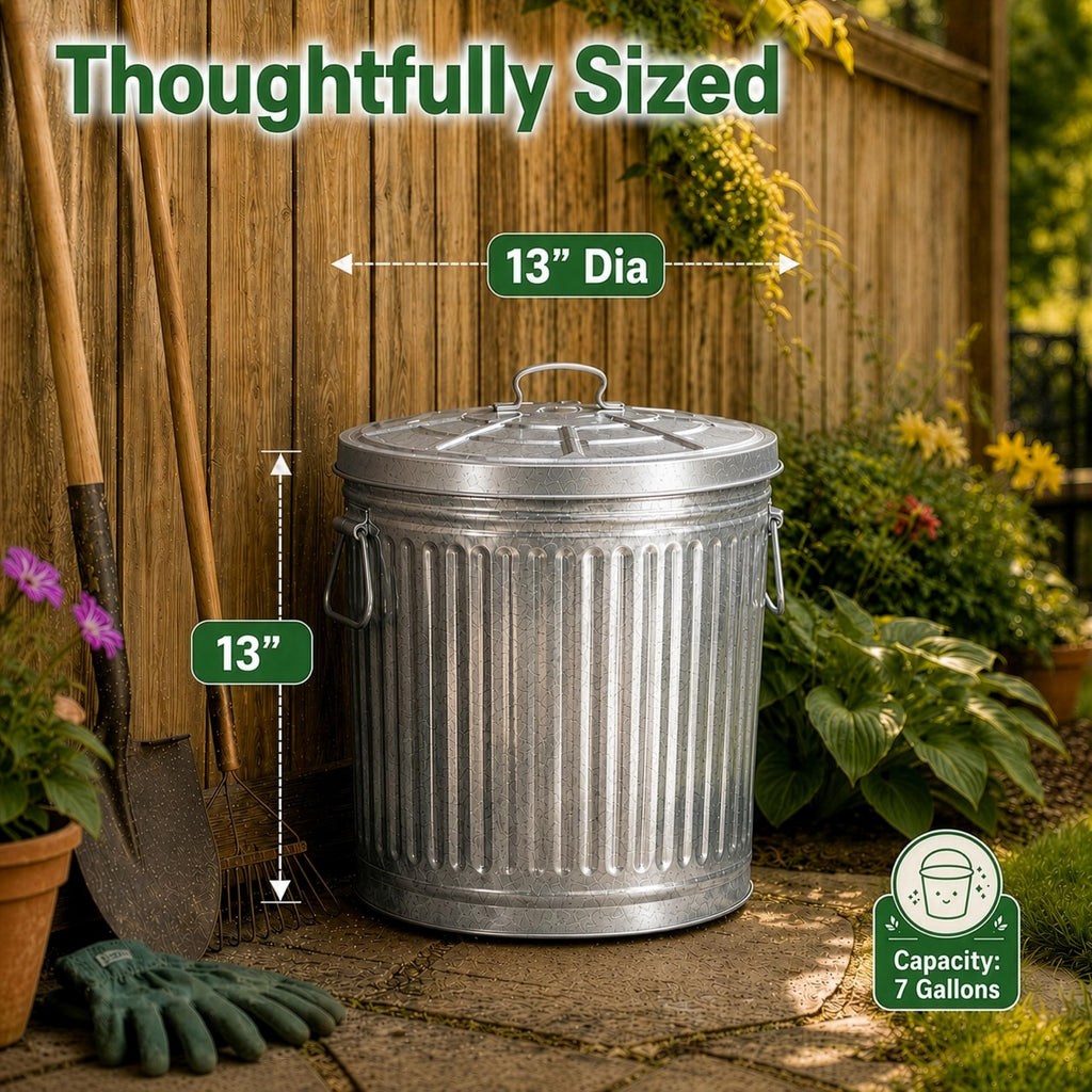 7 Gallon Galvanized Steel Trash Can with Lid D793449