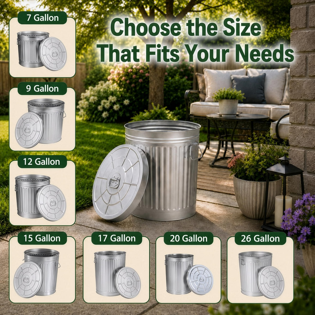 7 Gallon Galvanized Steel Trash Can with Lid D793449