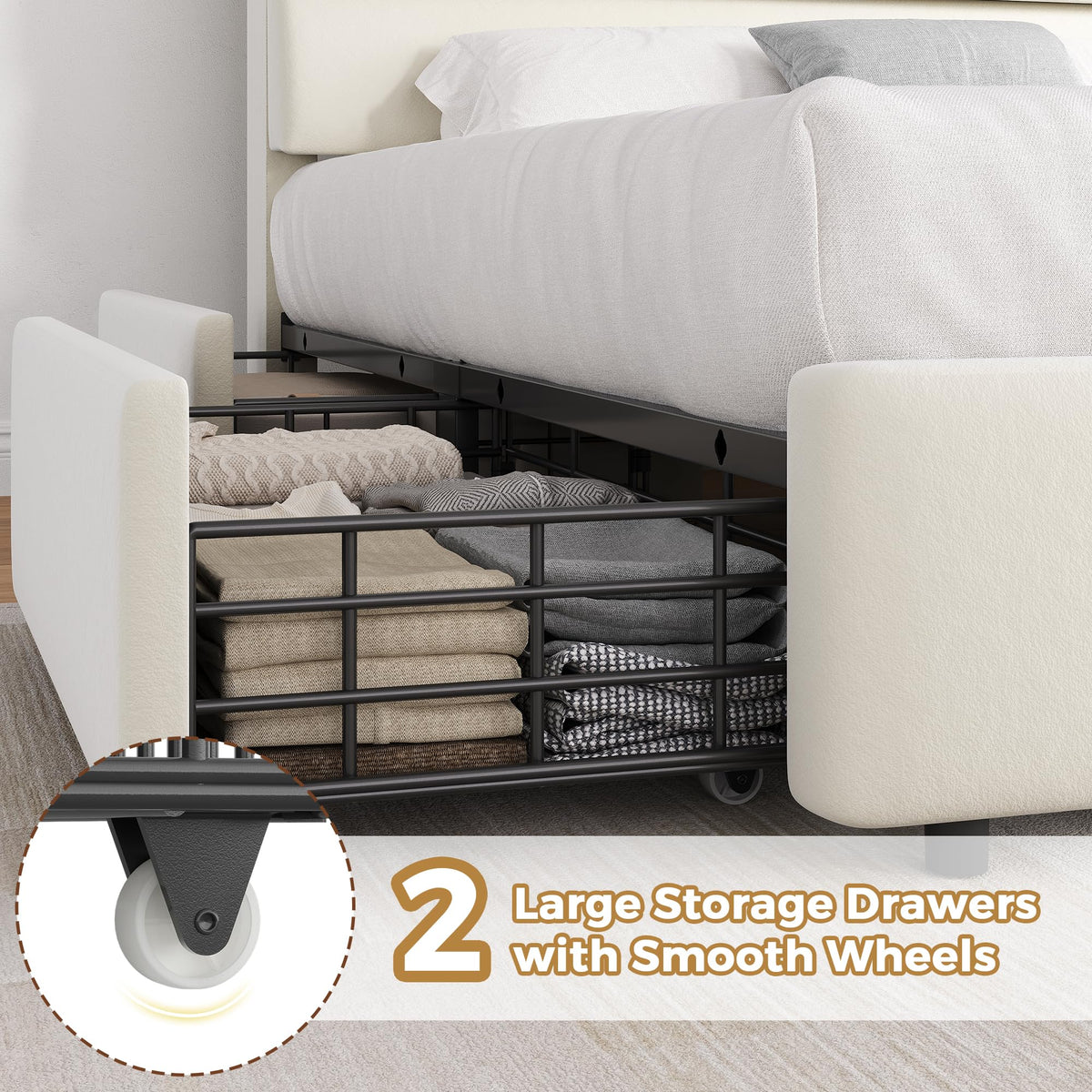 Beige Queen Size Bed Frame with 2 Storage Drawers A299