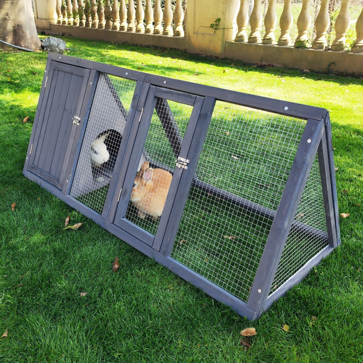 Wooden A-Frame Rabbit Hutch with Chicken Run E17837