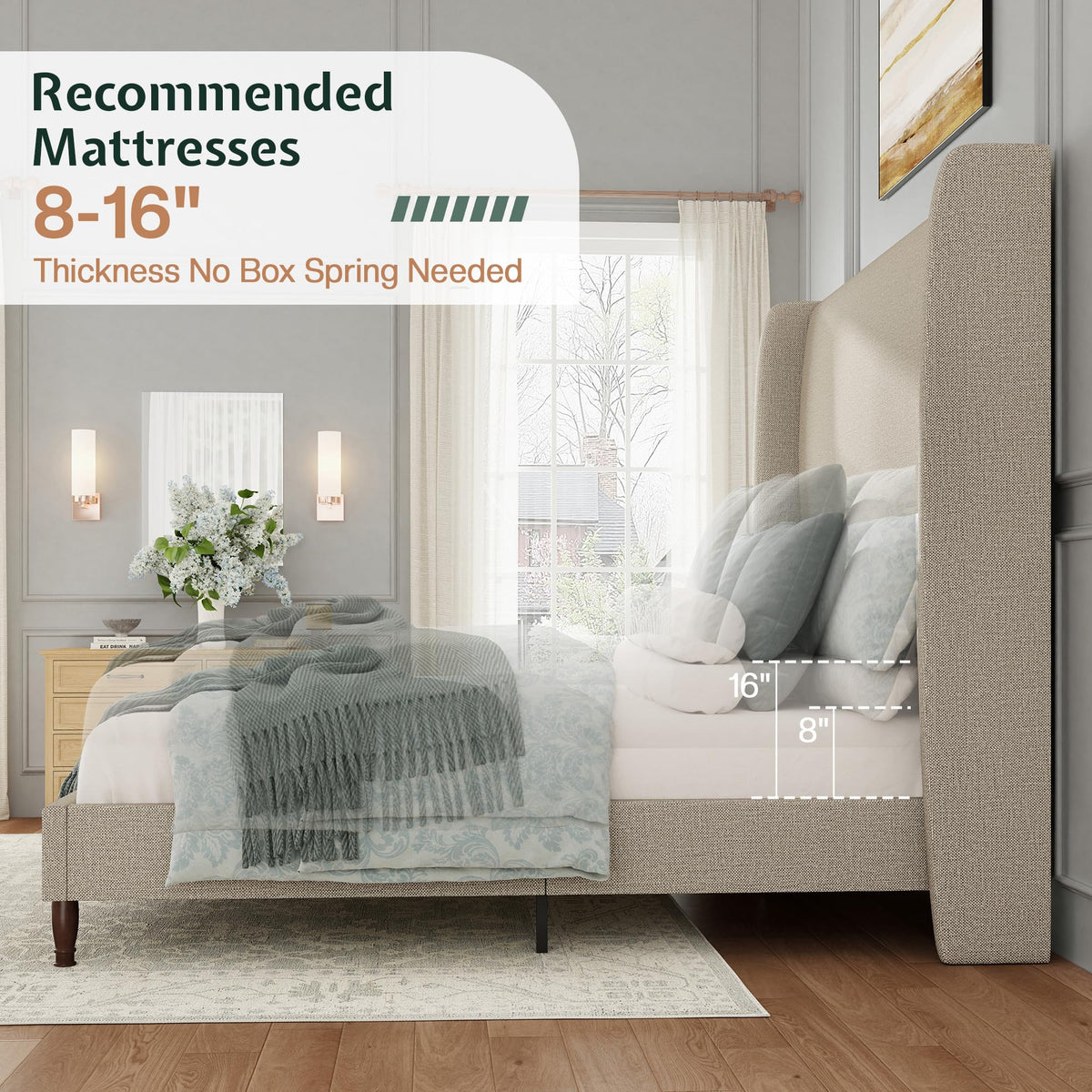 Queen Size Upholstered Wingback Headboard Bed Frame N95518